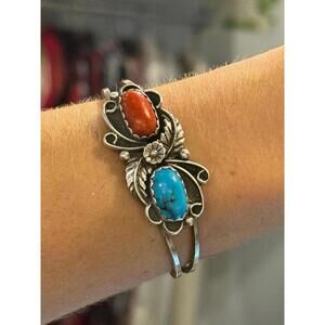 Vintage Sterling Silver Coral Turquoise Cuff Bracelet Navajo Southwestern Floral